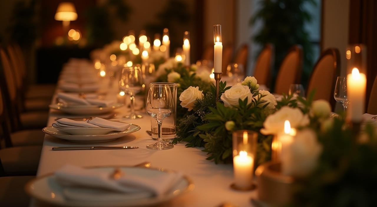 Lång, elegant bordsdekoration med grönska, vita rosor och levande ljus för en finmiddag eller bröllopsmottagning.