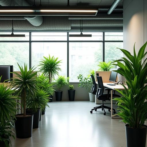 Ett modernt kontorslandskap med gröna växter och stilren inredning.